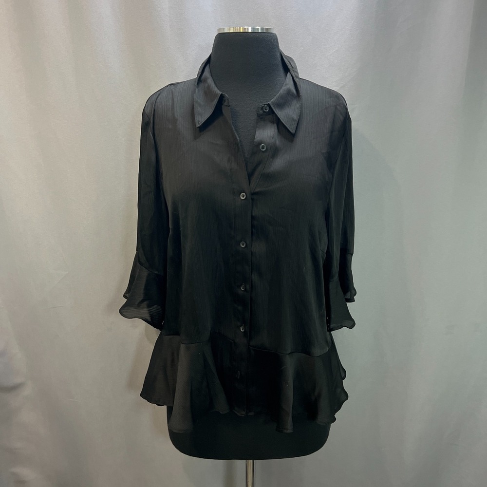 Nine West Shirt Womens Large Black Ruffle Hem Flared Sleeve Collared Button UP